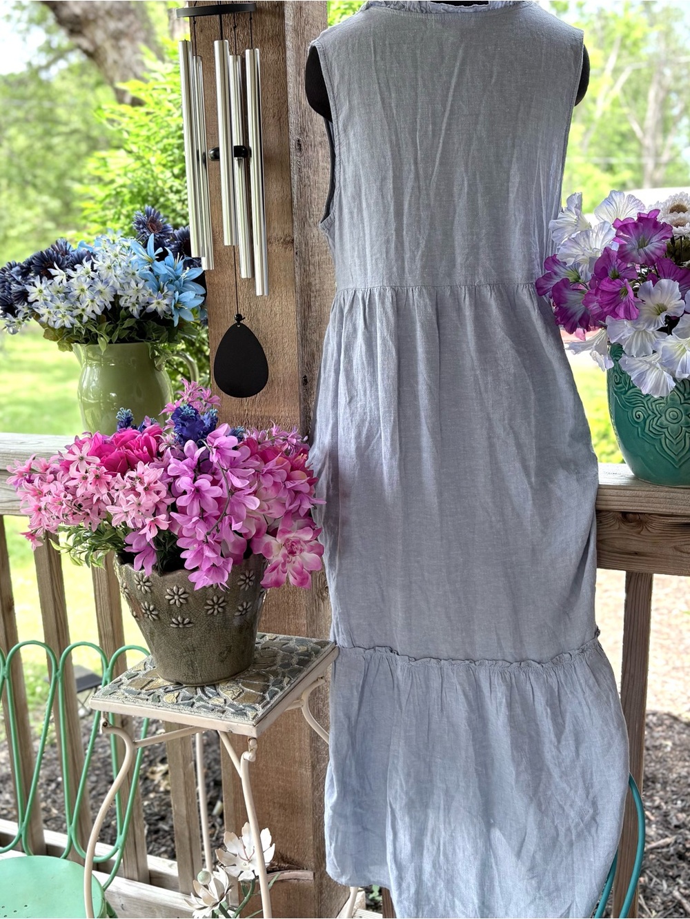 Linda Anderson Prairie Blue Rayon/Linen Soft Chambray Ruffle Detail Maxi Dress - Picture 6 of 8